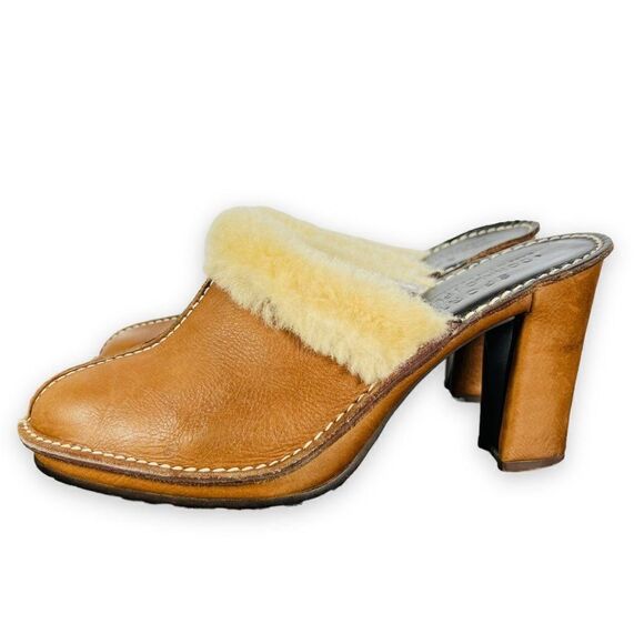 Donald J. Pliner Heels Winter Clogs Tan Leather / Cream Fur Trim Women's 8 N - Picture 2 of 11